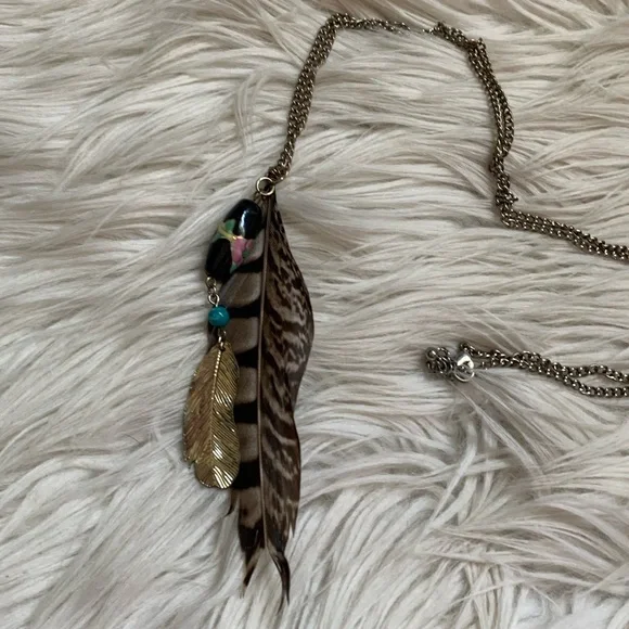 Feather and Bead Necklace - Gold, Brown, Black, Turquoise - Picture 6 of 8